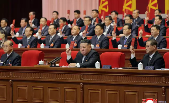 This photo provided Monday, Feb. 23, 2026, by the North Korean government, its leader Kim Jong Un, center, attends the ruling Workers’ Party Congress in Pyongyang, Sunday, Feb. 22, 2026. Independent journalists were not given access to cover the event depicted in this image distributed by the North Korean government. The content of this image is as provided and cannot be independently verified. Korean language watermark on image as provided by source reads: "KCNA" which is the abbreviation for Korean Central News Agency. (Korean Central News Agency/Korea News Service via AP)