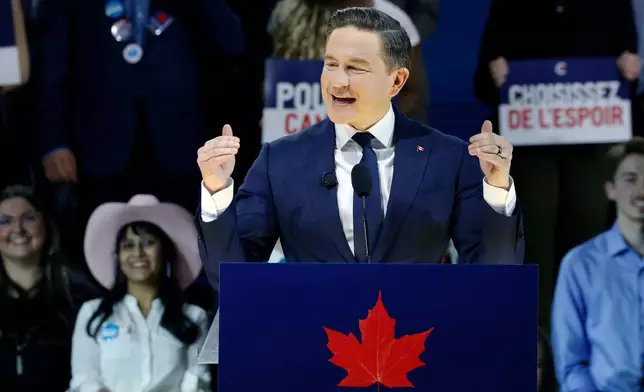 Conservative Party Leader Pierre Poilievre, delivers his keynote address at the party's national convention in Calgary, Friday, Jan. 30, 2026. (Larry MacDougal /The Canadian Press via AP)