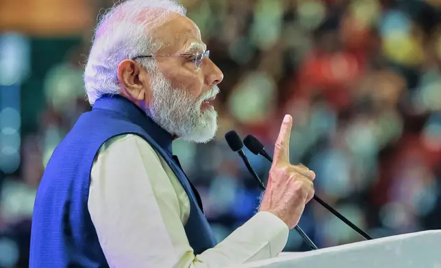 In this photo provided by Indian Prime Minister's Office, India Prime Minister Narendra Modi speaks during the AI Summit in New Delhi, India, Thursday, Feb. 19, 2026. (Indian Prime Minister's Office via AP)
