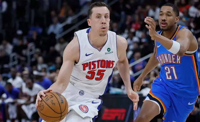 Detroit Pistons forward Duncan Robinson (55) drives against Oklahoma City Thunder guard Aaron Wiggins (21) during the first half of an NBA basketball game, Wednesday, Feb. 25, 2026, in Detroit. (AP Photo/Duane Burleson)