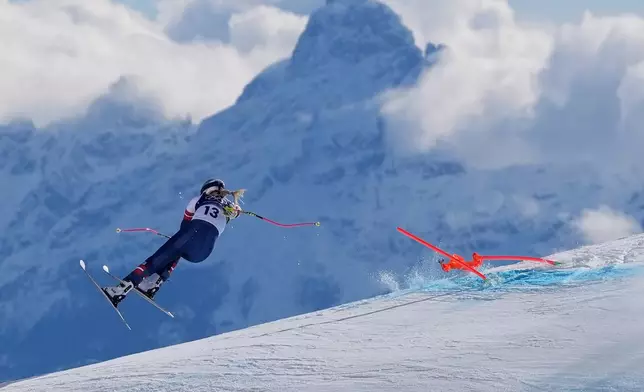 United States' Lindsey Vonn crashes during an alpine ski women's downhill race, at the 2026 Winter Olympics, in Cortina d'Ampezzo, Italy, Sunday, Feb. 8, 2026. (AP Photo/Jacquelyn Martin)