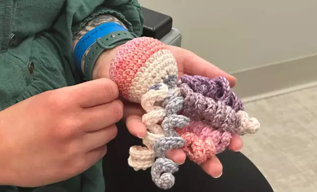 Joelle Haley holds amigurumi octopi at the Children's Hospital of Michigan Neonatal Intensive Care Unit at DMC Hutzel Women's Hospital in Detroit, Thursday, Feb. 26, 2026. (AP Photo/Corey Williams)