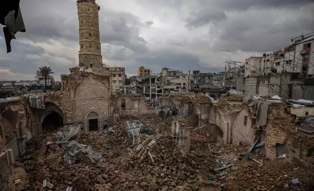 A view of the Great Omari Mosque in Gaza City after it was damaged by an Israeli strike during the war with Hamas, Wednesday. Feb. 12, 2025. (AP Photo/Jehad Alshrafi)