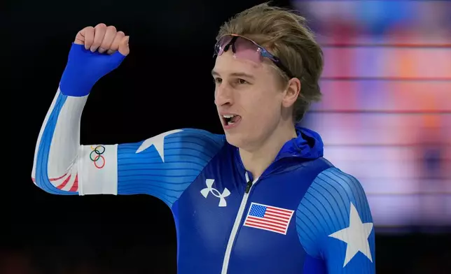 Jordan Stolz of the U.S. reacts after the men's 1,000 meters speedskating race at the 2026 Winter Olympics, in Milan, Italy, Wednesday, Feb. 11, 2026. (AP Photo/Luca Bruno)