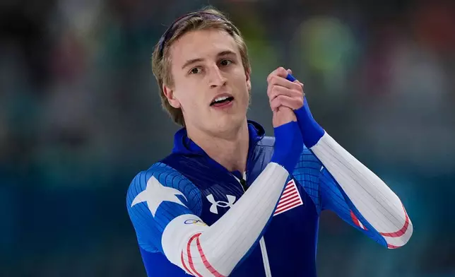 Jordan Stolz of the U.S. reacts after the men's 1,000 meters speedskating race at the 2026 Winter Olympics, in Milan, Italy, Wednesday, Feb. 11, 2026. (AP Photo/Ben Curtis)