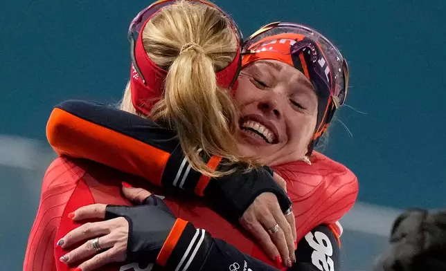 Gold medallist Antoinette Rijpma-de Jong of the Netherlands, right, is congratulated by silver medallist Ragne Wiklund of Norway after the women's 1500 meters speedskating race at the 2026 Winter Olympics, in Milan, Italy, Friday, Feb. 20, 2026. (AP Photo/Luca Bruno)