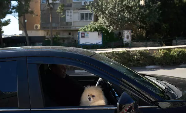 A man sits in his car as he waits to take shelter with his dog at the entrance of an underground parking lot after a warning sound following an Israeli strike in Iran, on a street in Haifa, northern Israel, Saturday, Feb. 28, 2026. (AP Photo/Leo Correa)