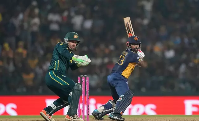 Sri Lanka's Kusal Mendis plays a shot during the T20 World Cup cricket match between Sri Lanka and Australia in Pallekele, Sri Lanka, Monday, Feb. 16, 2026. (AP Photo/ Eranga Jayawardena)
