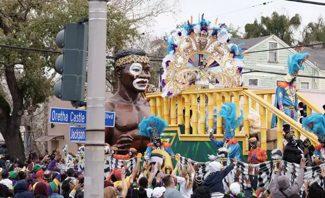 Zulu King Dr. Ron Tassin parades on Mardi Gras Day, Tuesday, Feb. 17, 2026 in New Orleans. (AP Photo/Matthew Hinton)