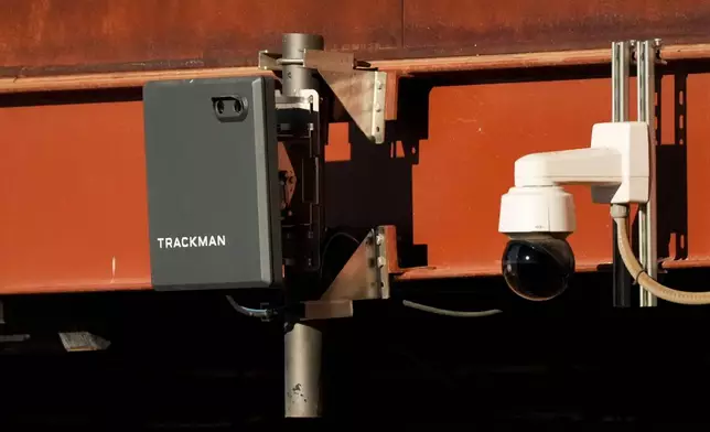 FILE - A Trackman device used for the Automated Ball-Strike System is posted on the balcony behind home plate before a spring training baseball game between the Kansas City Royals and the Los Angeles Dodgers, Feb. 22, 2025, in Phoenix. (AP Photo/Ashley Landis, File)
