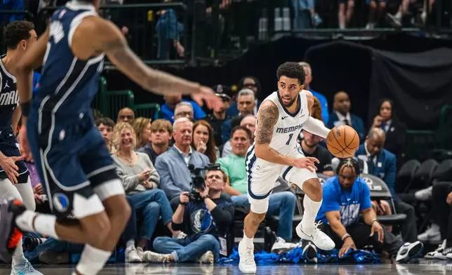 Memphis Grizzlies guard Scotty Pippen Jr. (1) drives the ball during an NBA basketball game against the Dallas Mavericks, Friday, Feb. 27, 2026, in Dallas. (AP Photo/Jessica Tobias)