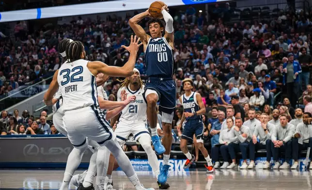 Dallas Mavericks guard Max Christie (00) looks to pass the ball during an NBA basketball game against the Memphis Grizzlies, Friday, Feb. 27, 2026, in Dallas. (AP Photo/Jessica Tobias)