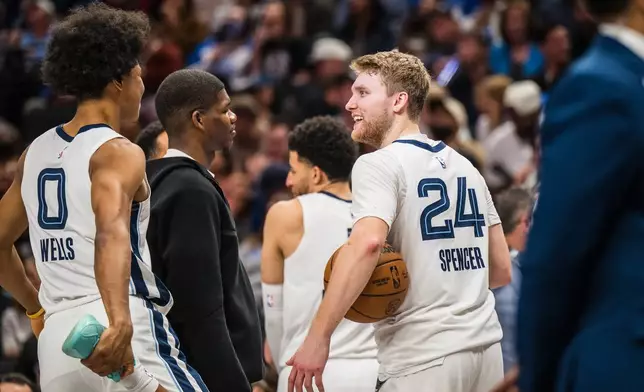 Memphis Grizzlies guard Cam Spencer (24) smiles at Grizzlies forward Jaylen Wells (0) while in a timeout during an NBA basketball game against the Dallas Mavericks, Friday, Feb. 27, 2026, in Dallas. (AP Photo/Jessica Tobias)