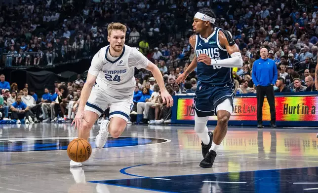Memphis Grizzlies guard Cam Spencer (24) drives the ball during an NBA basketball game against the Dallas Mavericks, Friday, Feb. 27, 2026, in Dallas. (AP Photo/Jessica Tobias)