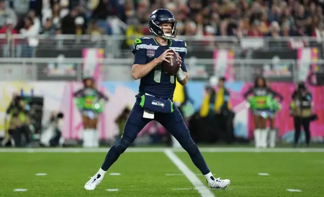 Seattle Seahawks quarterback Sam Darnold prepares to pass during the second half of the NFL Super Bowl 60 football game against the New England Patriots, Sunday, Feb. 8, 2026, in Santa Clara, Calif. (AP Photo/Matt Slocum)