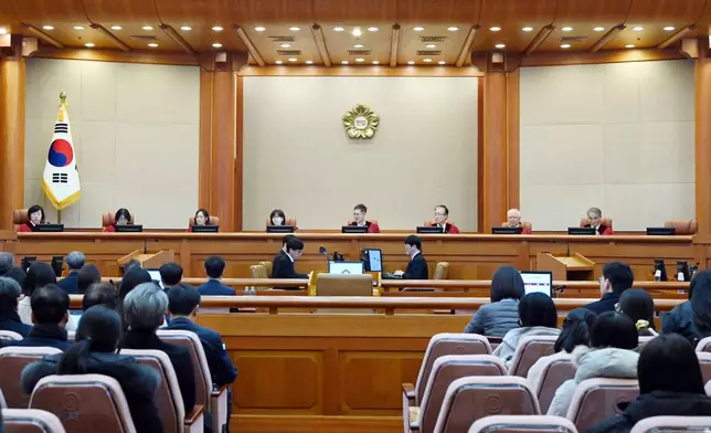 FILE - South Korea's Constitutional Court's judges, from left, Chung Kye-sun, Kim Bok-hyeong, Jung Jung-mi, Lee Mi-son, acting Chief Justice Moon Hyung-bae, Kim Hyung-du, Cheong Hyung-sik and Cho Han-chang sit for the first formal hearing of a trial on the validity of President Yoon Suk Yeol's impeachment by the National Assembly at the constitutional court of Korea in Seoul, South Korea, on Jan. 14, 2025. (Kim Min-Hee/Pool Photo via AP, File)