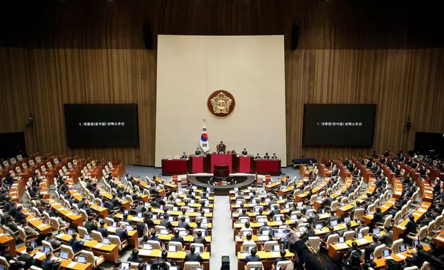 FILE - South Korean lawmakers attend during a plenary session of the impeachment vote of President Yoon Suk Yeol at the National Assembly in Seoul, on Dec. 14, 2024. (Woohae Cho/Pool Photo via AP, File)