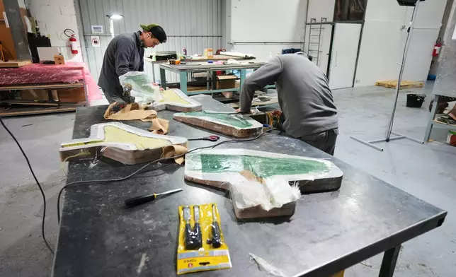 Employees work on a drone at a drone manufacturing factory in Limassol, Cyprus, Tuesday, Jan. 27, 2026. (AP Photo/Petros Karadjias)