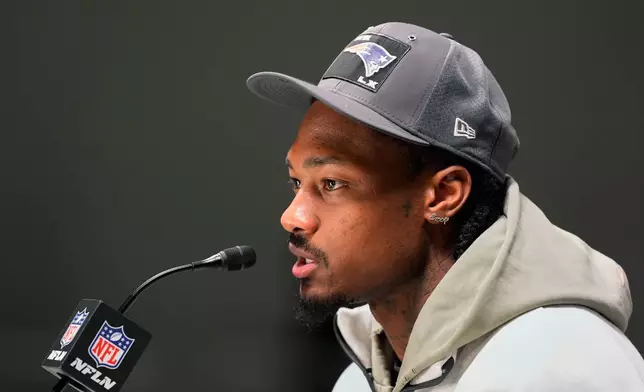 New England Patriots wide receiver Stefon Diggs speaks during the NFL Super Bowl Opening Night, Monday, Feb. 2, 2026, in San Jose, Calif., ahead of the Super Bowl 60 football game between the Seattle Seahawks and the New England Patriots. (AP Photo/Charlie Riedel)