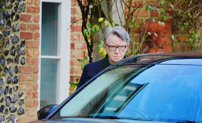 Peter Mandelson leaving his home in Wiltshire, England, Friday, Feb. 20, 2026. (Ben Birchall/PA via AP)