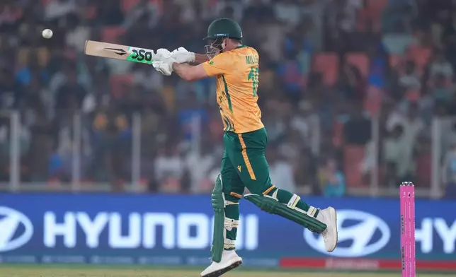 South Africa's David Miller plays a shot during the T20 World Cup cricket match between South Africa and New Zealand in Ahmedabad , India, Saturday, Feb.14, 2026. (AP Photo/ Ajit Solanki)