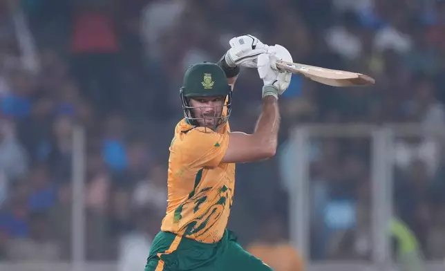 South Africa's captain Aiden Markram plays a shot during the T20 World Cup cricket match between South Africa and New Zealand in Ahmedabad , India, Saturday, Feb.14, 2026. (AP Photo/ Ajit Solanki)