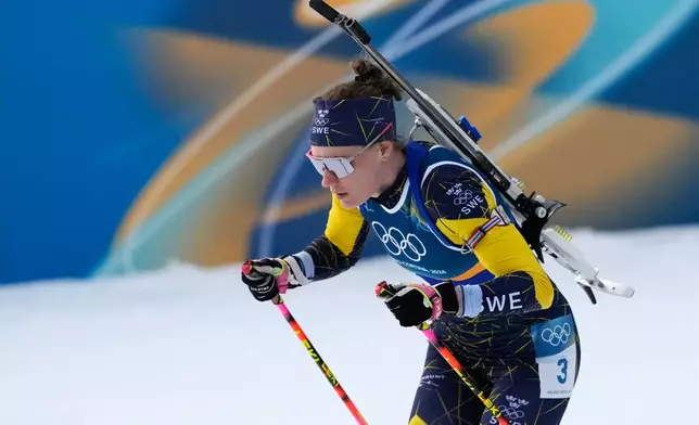 Hanna Oeberg, of Sweden, competes in the women's 4x6-kilometer relay biathlon race at the 2026 Winter Olympics in Anterselva, Italy, Wednesday, Feb. 18, 2026. (AP Photo/Mosa'ab Elshamy)