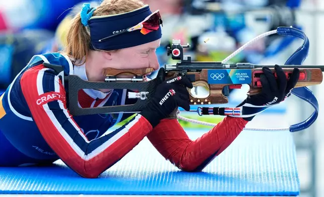 Maren Kirkeeide, of Norway, competes in the women's 4x6-kilometer relay biathlon race at the 2026 Winter Olympics in Anterselva, Italy, Wednesday, Feb. 18, 2026. (AP Photo/Andrew Medichini)