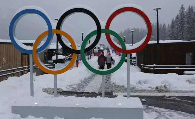 A view of the Olympic rings at the Cortina Olympic Village, ahead of the 2026 Winter Olympics, in Cortina d'Ampezzo, Italy, Tuesday, Feb. 3, 2026. (AP Photo/Jennifer McDermott)