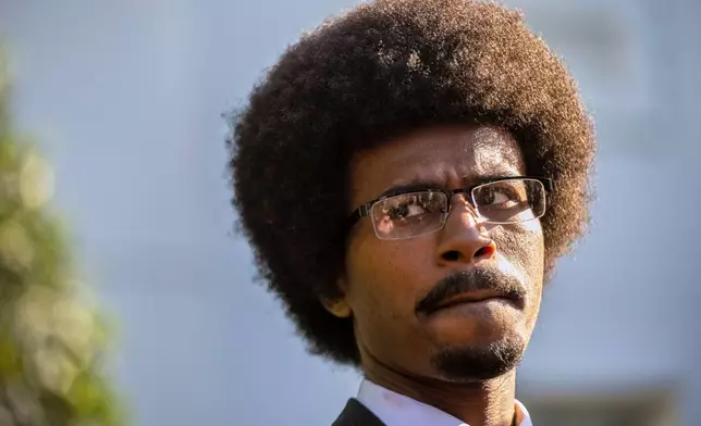 FILE - Tennessee state lawmaker Rep. Justin Pearson, D-Memphis, speaks with reporters after meeting with President Joe Biden and Vice President Kamala Harris in the Oval Office of the White House in Washington, April 24, 2023. (AP Photo/Andrew Harnik, File)