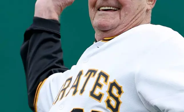 FILE - Former Pittsburgh Pirates relief pitcher Elroy Face throws a ceremonial first pitch before the Pirates' home opener baseball game between the Pittsburgh Pirates and the Minnesota Twins, April 2, 2018, in Pittsburgh. (AP Photo/Gene J. Puskar, File)