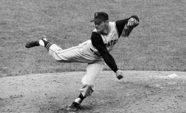 FILE - Pittsburgh Pirates relief pitcher Roy Face, follows through after serving up a ninth pitch against the Yankees in fifth World Series game at Yankee Stadium, Oct. 10, 1960, in New York. (AP Photo, File)