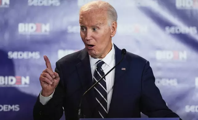 Former President Joe Biden speaks to the South Carolina Democratic Party on Friday, Feb. 27, 2026, in Columbia, S.C. (AP Photo/Matt Kelley)