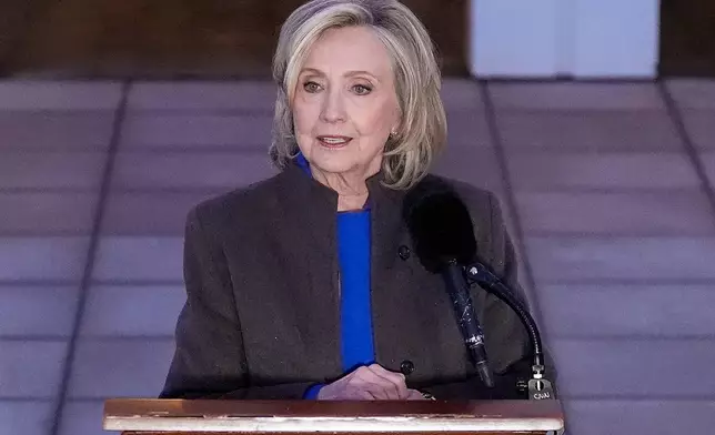 Former Secretary of State Hillary Clinton speaks outside the Chappaqua Performing Arts Center, after testifying before U.S. House lawmakers as part of a congressional investigation into convicted sex offender Jeffrey Epstein, Thursday, Feb. 26, 2026, in Chappaqua, N.Y. (AP Photo/Yuki Iwamura)