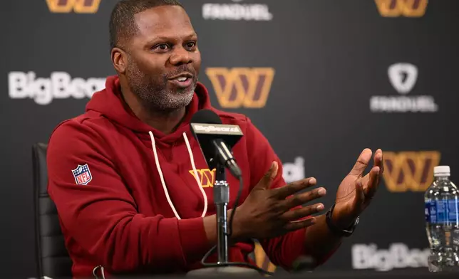 Washington Commanders defensive coordinator Daronte Jones speaks to the media during an NFL football press conference, Tuesday, Feb. 10, 2026, in Ashburn, Va. (AP Photo/Nick Wass)