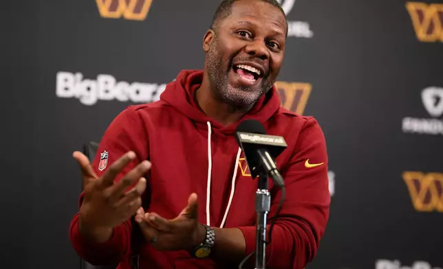 Washington Commanders defensive coordinator Daronte Jones speaks to the media during an NFL football press conference, Tuesday, Feb. 10, 2026, in Ashburn, Va. (AP Photo/Nick Wass)