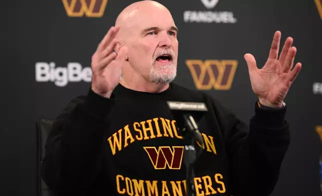 Washington Commanders head coach Dan Quinn speaks to the media during an NFL football press conference, Tuesday, Feb. 10, 2026, in Ashburn, Va. (AP Photo/Nick Wass)