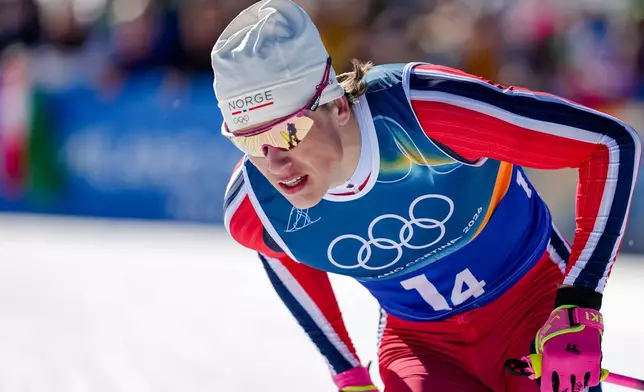Johannes Hoesflot Klaebo, of Norway, competes in the cross country skiing men's 4 x 7.5km relay at the 2026 Winter Olympics, in Tesero, Italy, Sunday, Feb. 15, 2026. (AP Photo/Matthias Schrader)