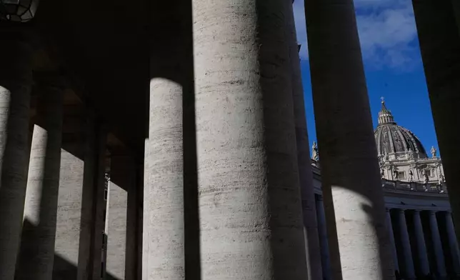 A view of Gian Lorenzo Bernini's 17th-century colonnade in St. Peter's Square in Vatican City, on Sunday, Feb. 15, 2026, which was built with travertine from Tivoli, Italy, 35 kilometers east of Rome. (AP Photo/Gregorio Borgia)