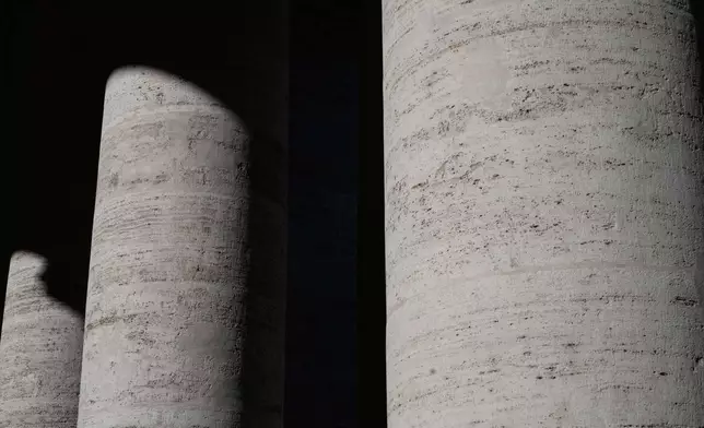 A view of Gian Lorenzo Bernini's 17th-century colonnade in St. Peter's Square in Vatican City, on Sunday, Feb. 15, 2026, which was built with travertine from Tivoli, Italy, 35 kilometers east of Rome. (AP Photo/Gregorio Borgia)