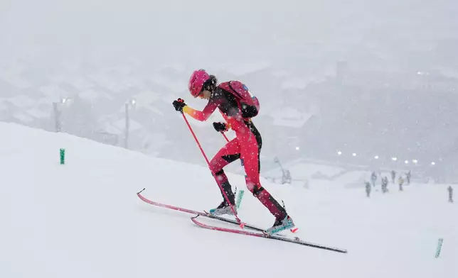 Spain's Ana Alonso Rodriguez competes during a ski mountaineering women's sprint heat, at the 2026 Winter Olympics, in Bormio, Italy, Thursday, Feb. 19, 2026. (AP Photo/John Locher)