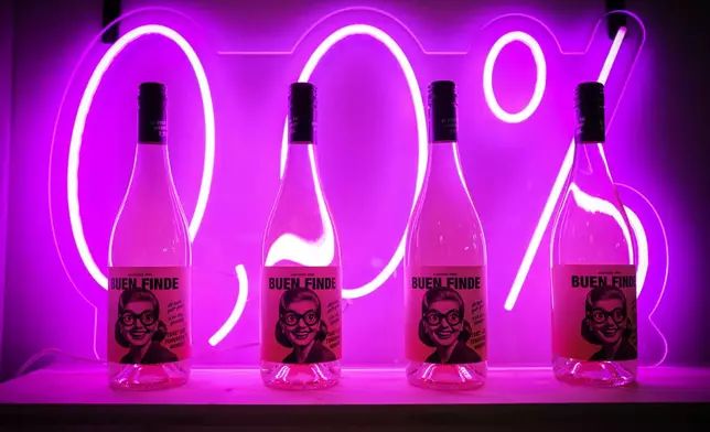 Non-alcoholic wines are presented at the Wine Paris 2026 fair, at the Porte de Versailles exhibition center in Paris, France, Tuesday, Feb. 10, 2026. (AP Photo/Aurelien Morissard)