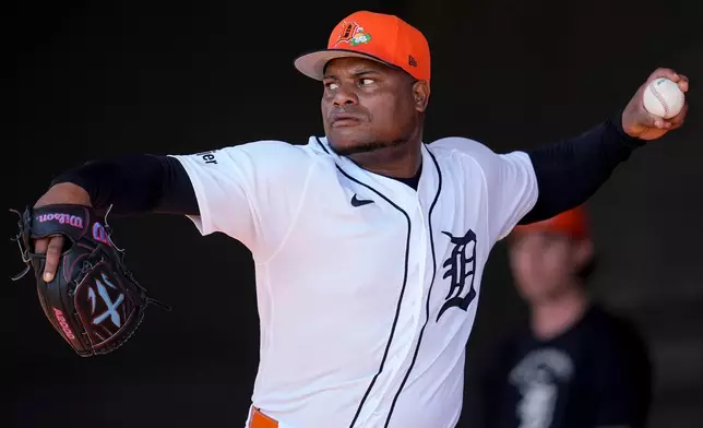Detroit Tigers pitcher Framber Valdez throws during workouts at spring training baseball, Thursday, Feb. 19, 2026, in Lakeland. (AP Photo/Mike Stewart)