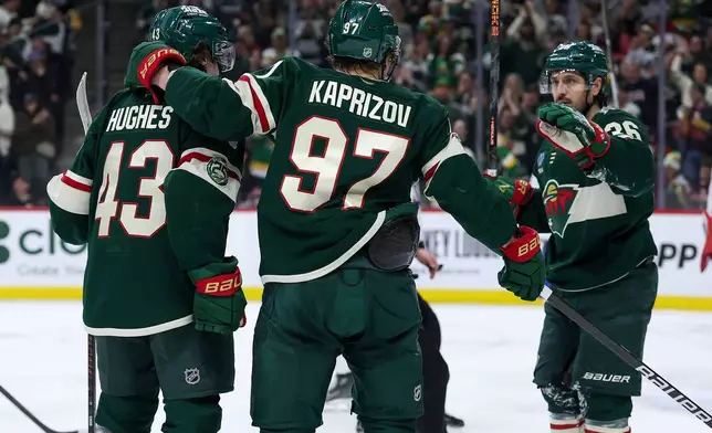 Minnesota Wild left wing Kirill Kaprizov, center, celebrates after his goal against the Montréal Canadiens during the first period of an NHL hockey game Monday, Feb. 2, 2026, in St. Paul, Minn. (AP Photo/Matt Krohn)