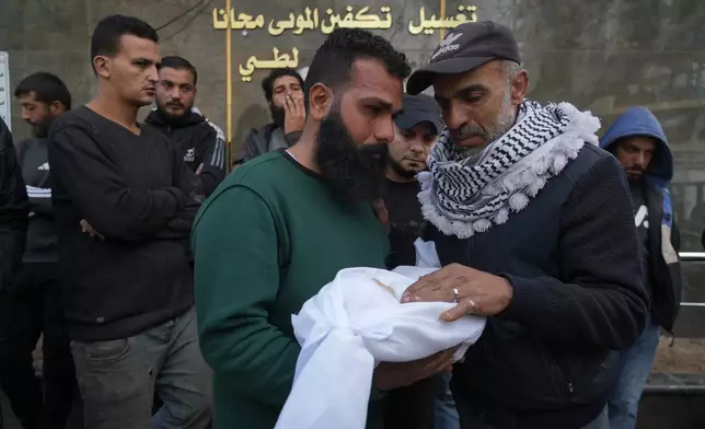 Palestinian Raed al-Khabba carries his 3-month-old daughter Mira al-Khabbaz, who was killed in an Israeli military strike, at Shifa Hospital in Gaza City, Wednesday, Feb. 4, 2026. (AP Photo/Jehad Alshrafi)