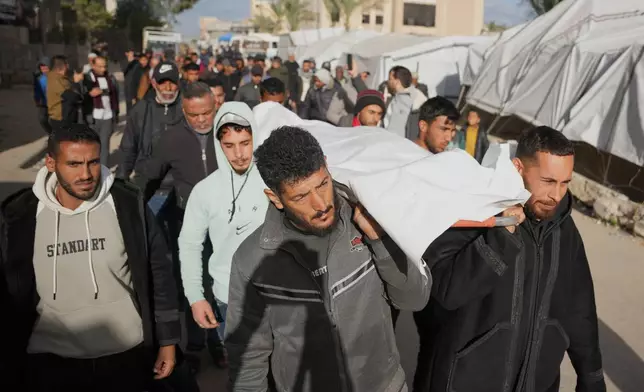 Palestinians carry the body of a man who was killed in an Israeli military strike, during his funeral at Nasser Hospital in Khan Younis, Wednesday, Feb. 4, 2026. (AP Photo/Abdel Kareem Hana)