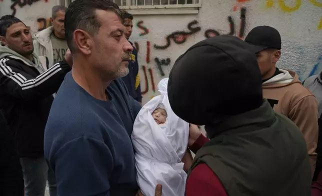 Palestinians carry 1-week-old baby Wateen al-Khabaz, who was killed in an Israeli military strike, at Shifa Hospital in Gaza City , Wednesday, Feb. 4, 2026. (AP Photo/Jehad Alshrafi)