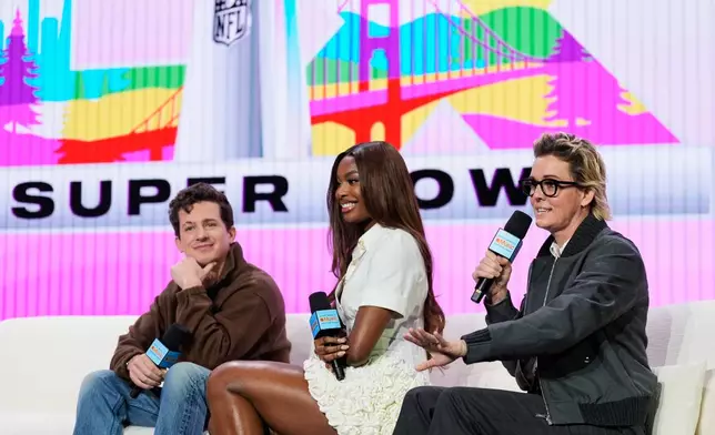 From left; Charlie Puth, Coco Jones and Brandi Carlile – who will perform the national anthem, "Lift Every Voice," and "America the Beautiful" respectively – speak during a news conference, Thursday, Feb. 5, 2026, in San Francisco ahead of the NFL Super Bowl 60 football game between the Seattle Seahawks and the New England Patriots. (AP Photo/Godofredo A. Vásquez)