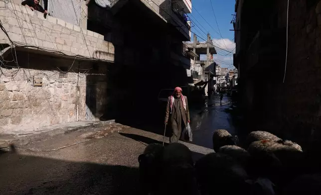 A shepherd herds his flock on a street of the Kurdish-majority neighborhood of Sheikh Maqsoud, in Aleppo, Syria, Saturday, Feb. 14, 2026. (AP Photo/Omar Sanadiki)