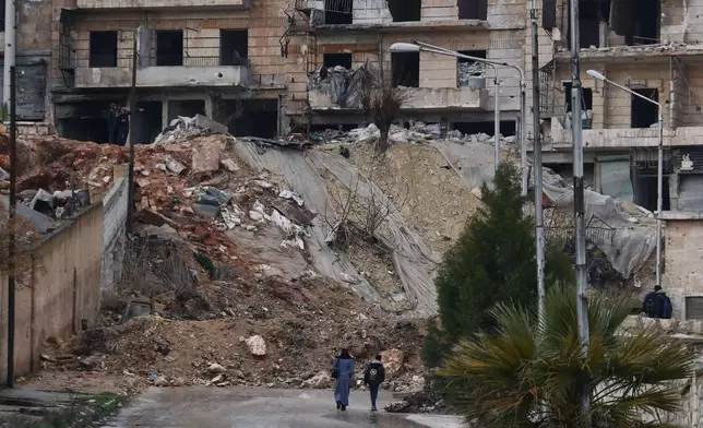 People walk along a street in the Kurdish-majority neighborhood of Sheikh Maqsoud, in Aleppo, Syria, Saturday, Feb. 14, 2026. (AP Photo/Omar Sanadiki)